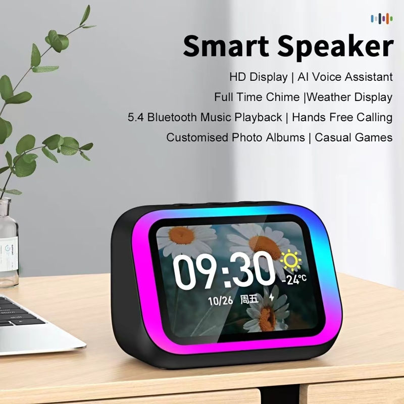 Smart Home Security - KI-Sprachassistent Bluetooth-Lautsprecher mit RGB-Farbbeleuchtung, Wecker, LED-Bildschirm,
