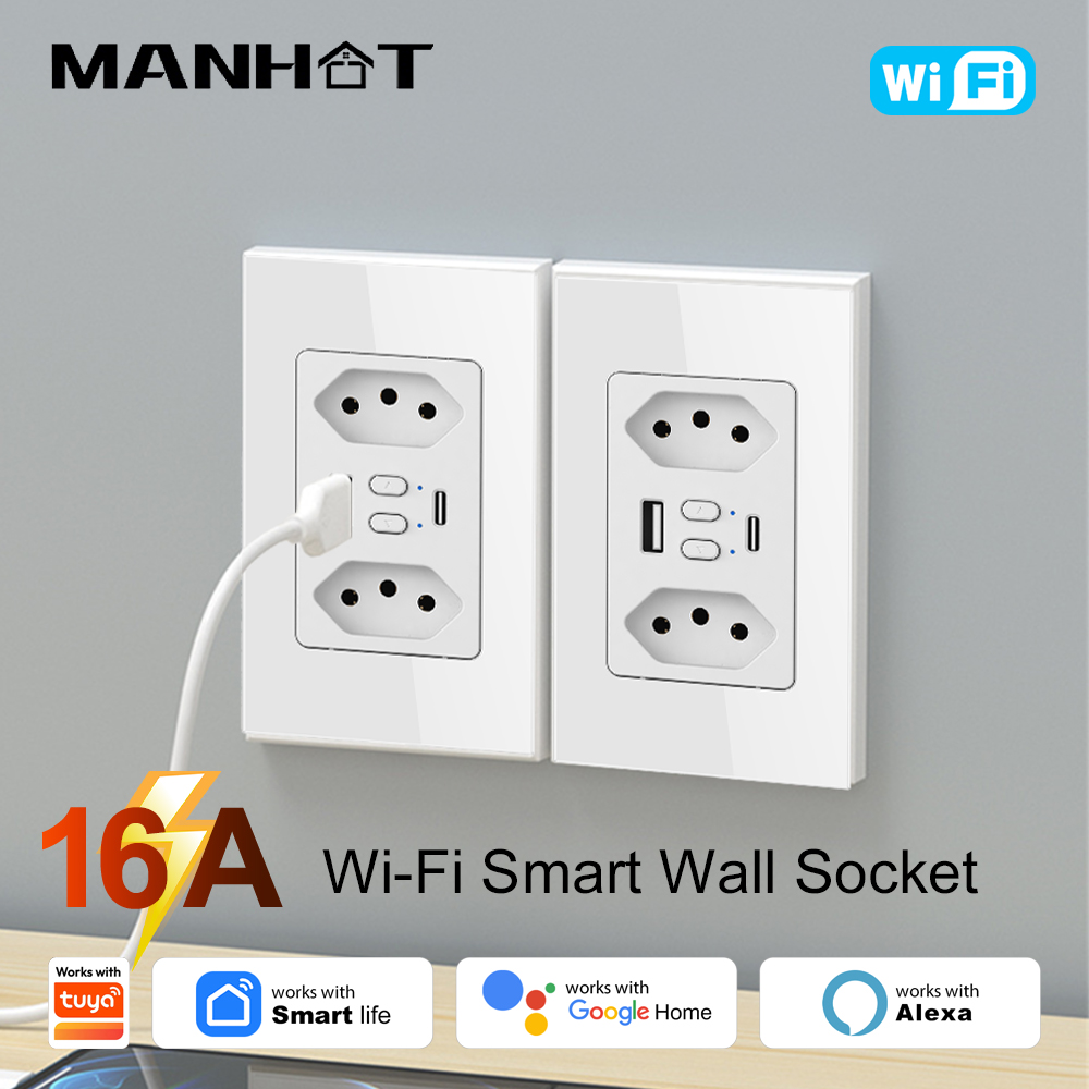 Smart Home Networking - MANHOT WLAN-Smart-Steckdose für Brasilien mit USB-Typ-C-Anschluss,