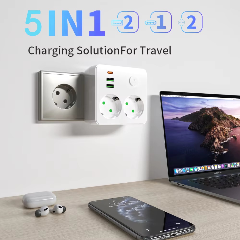 Smart Power Strip - EU-Steckdosenleiste mit 2 Steckdosen, Multifunktions-Wandsteckdose ohne